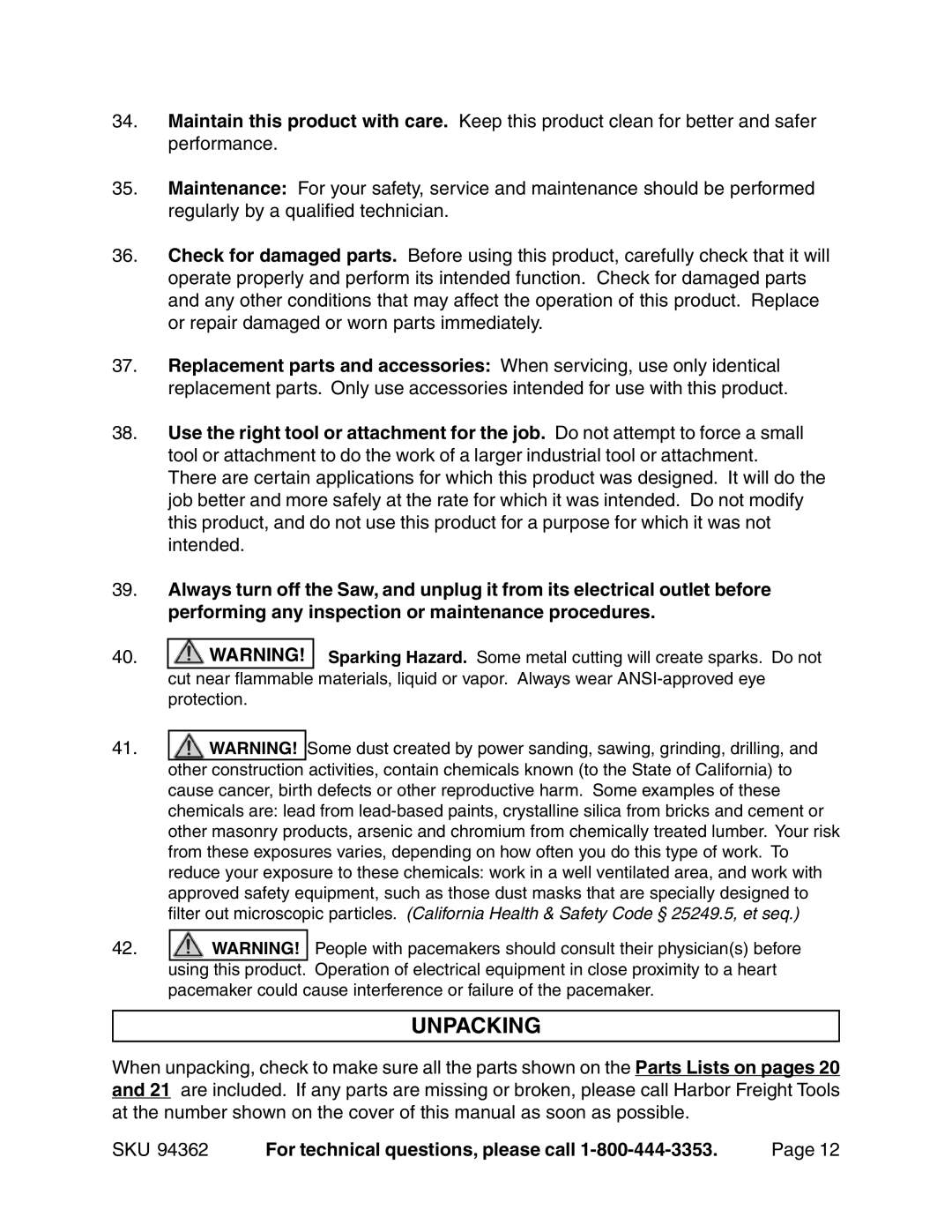 Chicago Electric 94362 operating instructions Unpacking 