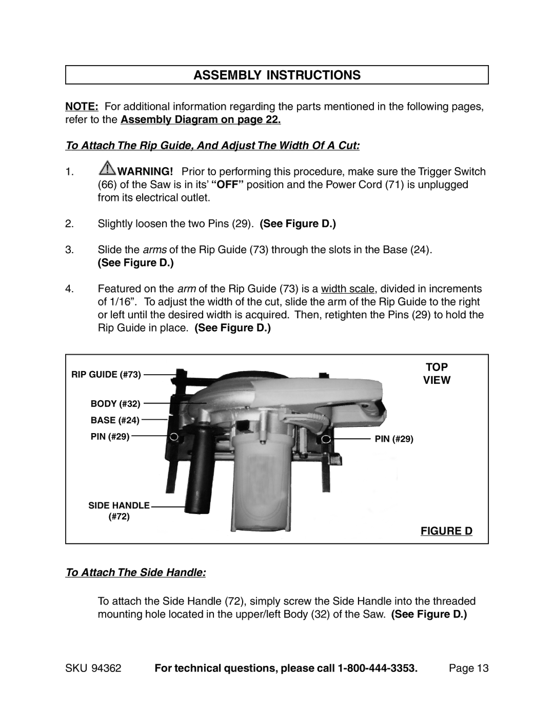 Chicago Electric 94362 operating instructions Assembly Instructions, See Figure D, TOP View 