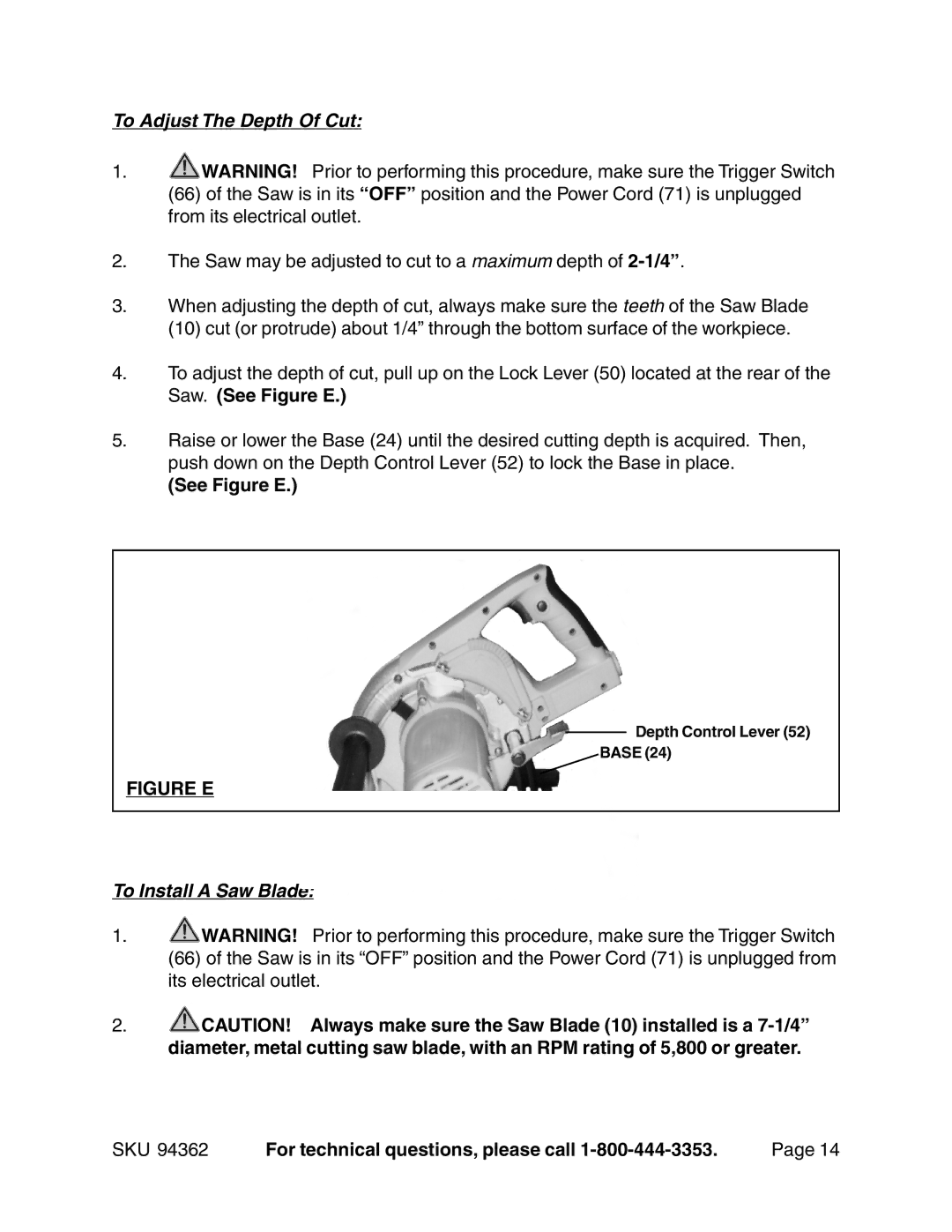 Chicago Electric 94362 operating instructions See Figure E 