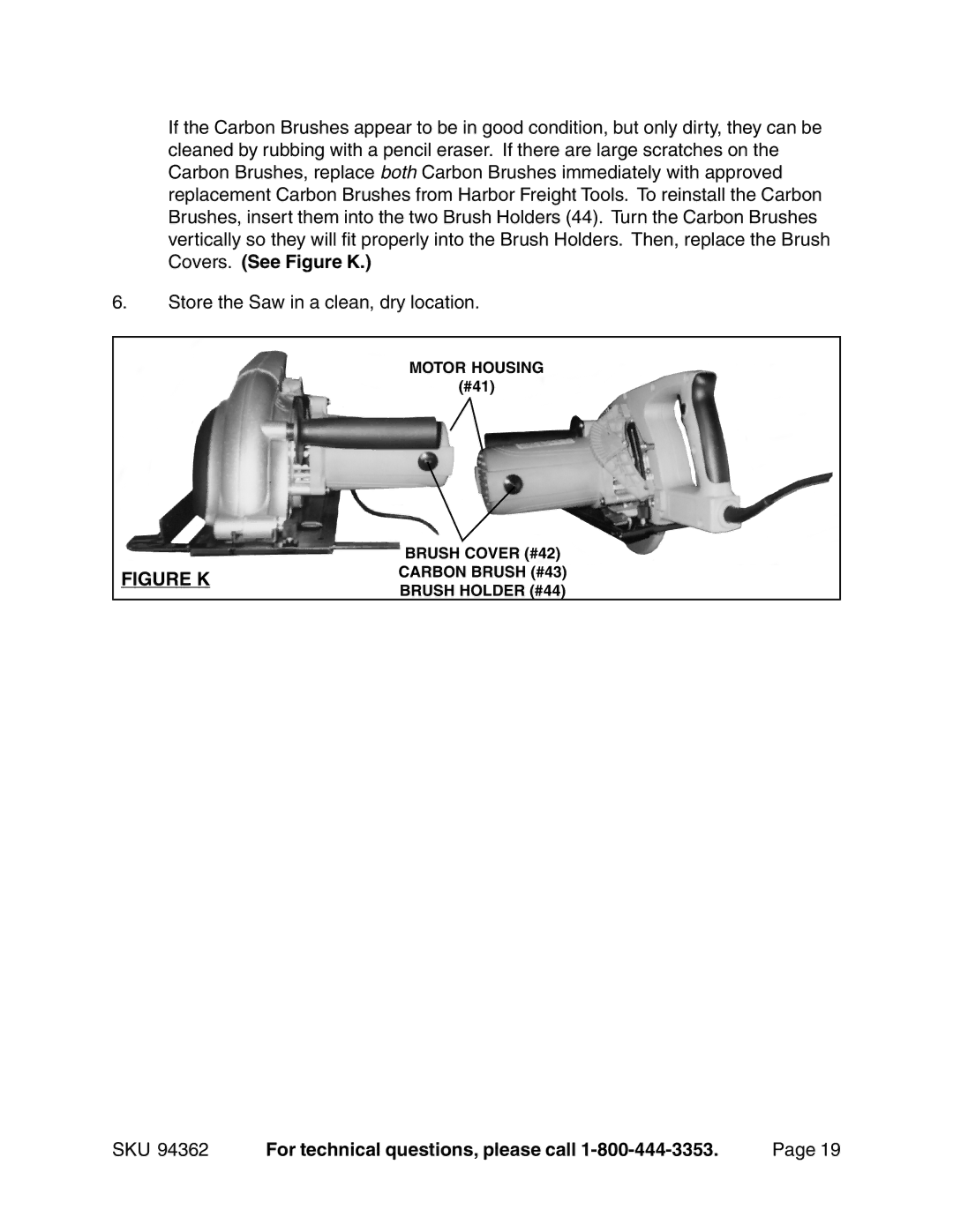 Chicago Electric 94362 operating instructions Figure Kcarbon Brush #43 Brush Holder #44 