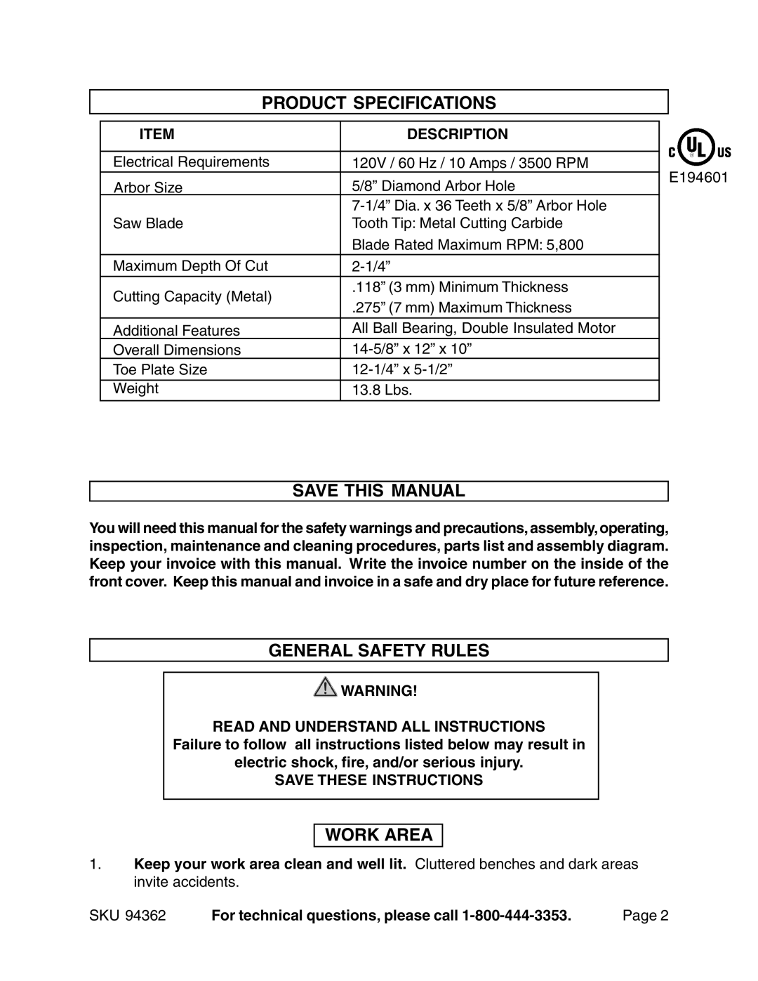 Chicago Electric 94362 operating instructions Product Specifications, Save this Manual, General Safety Rules, Work Area 