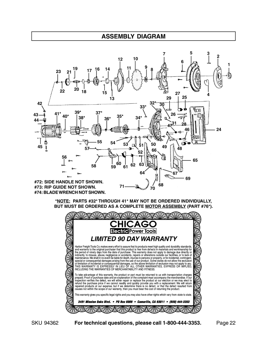 Chicago Electric 94362 operating instructions Limited 90 DAY Warranty, Assembly Diagram 