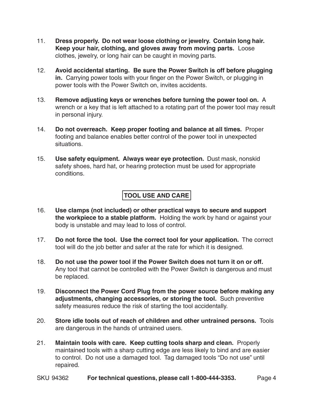 Chicago Electric 94362 operating instructions Tool USE and Care 