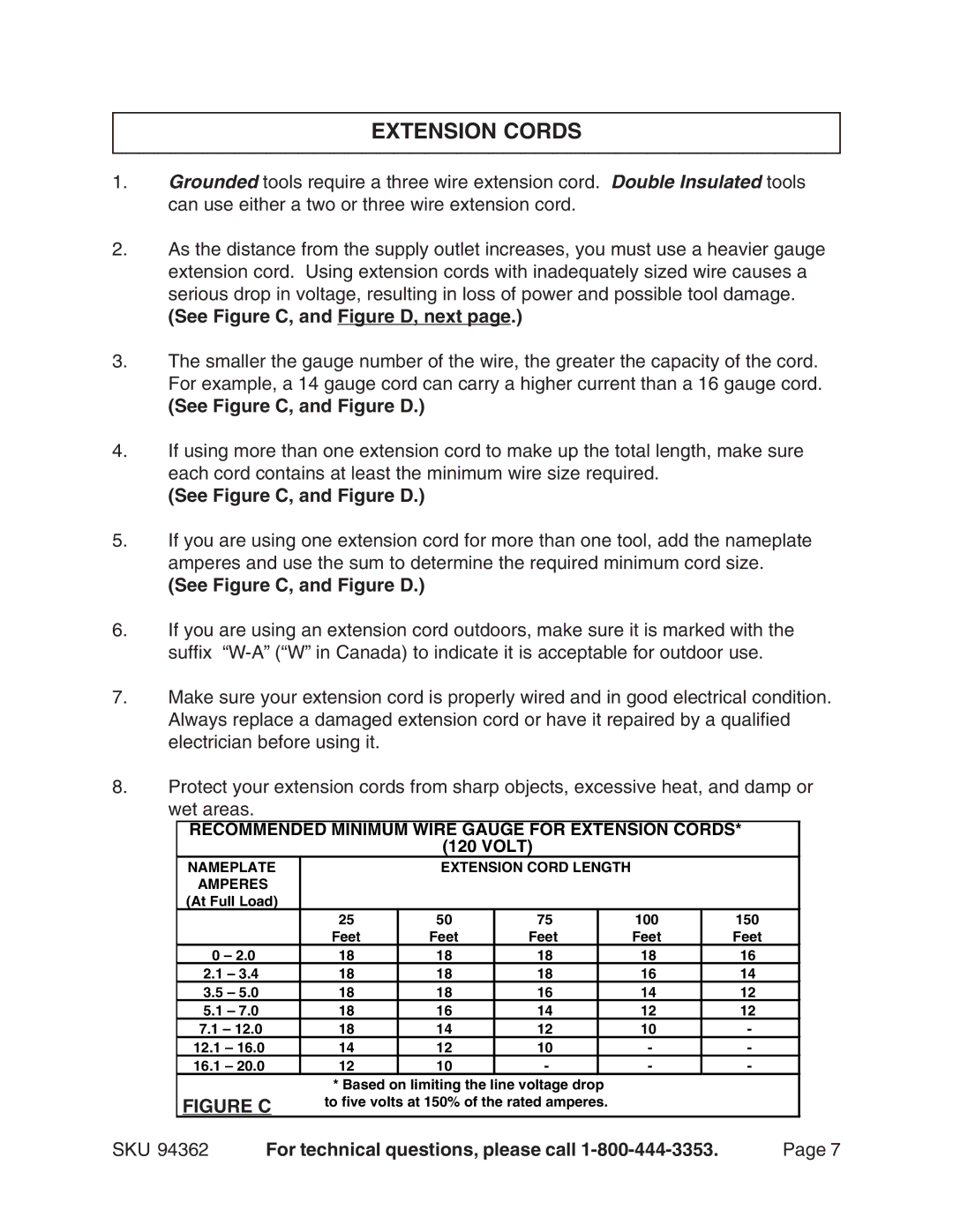 Chicago Electric 94362 operating instructions Extension Cords, See Figure C, and Figure D, next 