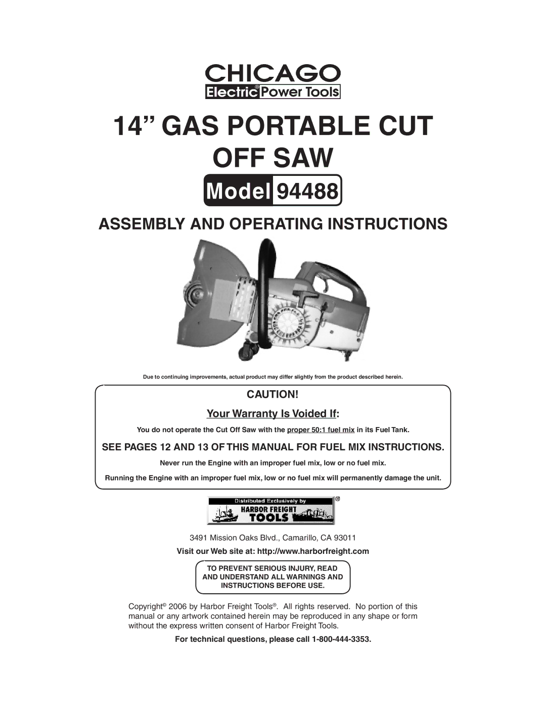 Chicago Electric 94488 operating instructions GAS Portable CUT OFF SAW, Your Warranty Is Voided If 