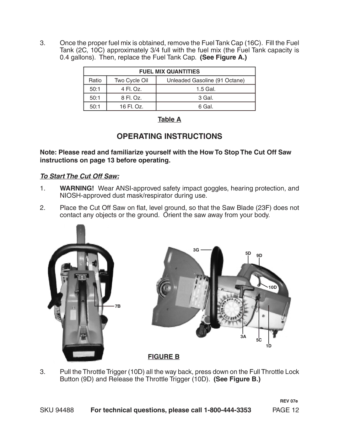 Chicago Electric 94488 operating instructions Operating Instructions, Table a 