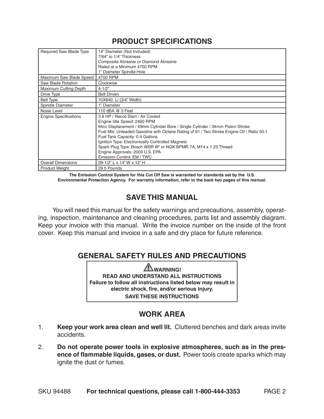 Chicago Electric 94488 Product Specifications, Save this Manual, General Safety Rules and Precautions, Work Area 