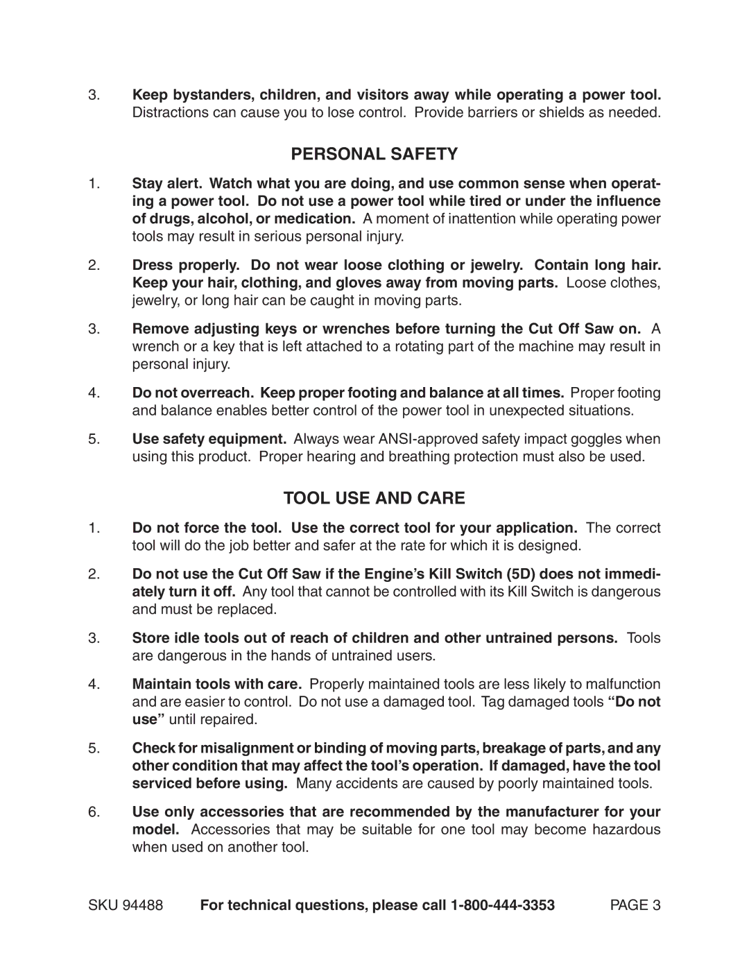 Chicago Electric 94488 operating instructions Personal Safety, Tool USE and Care 