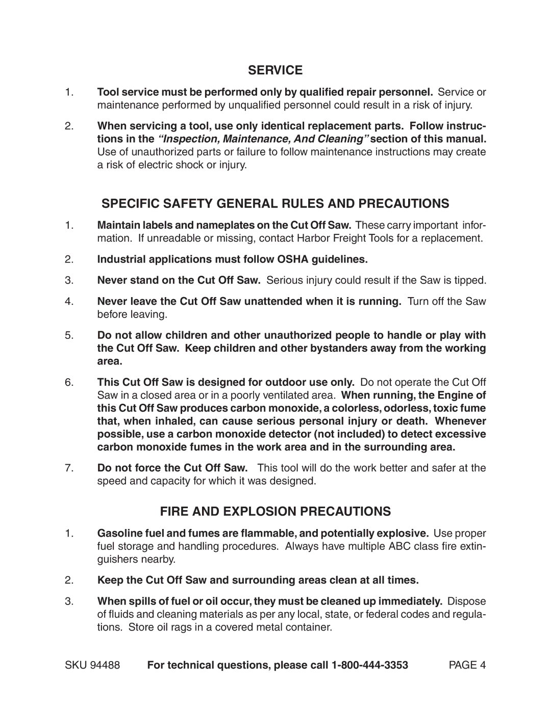 Chicago Electric 94488 Service, Fire and Explosion Precautions, Industrial applications must follow Osha guidelines 