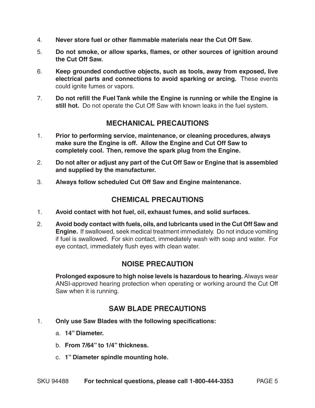 Chicago Electric 94488 Mechanical Precautions, Chemical Precautions, Noise Precaution, SAW Blade Precautions 