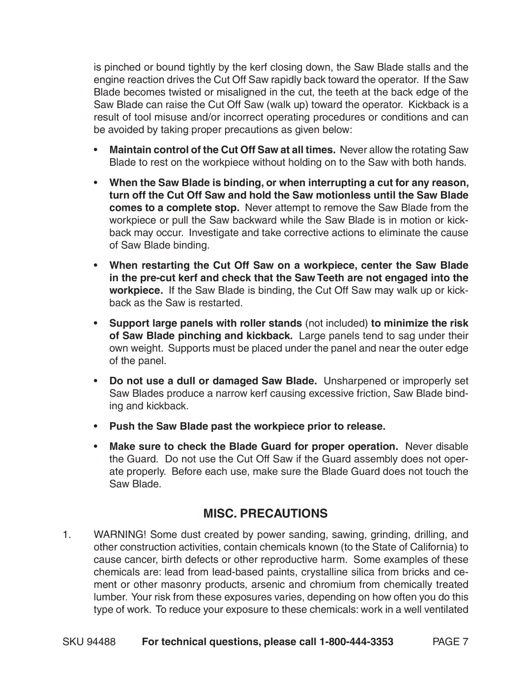 Chicago Electric 94488 operating instructions MISC. Precautions, Push the Saw Blade past the workpiece prior to release 