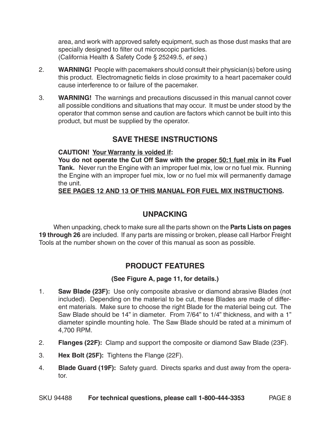 Chicago Electric 94488 operating instructions Unpacking, Product Features, See Figure A, page 11, for details 