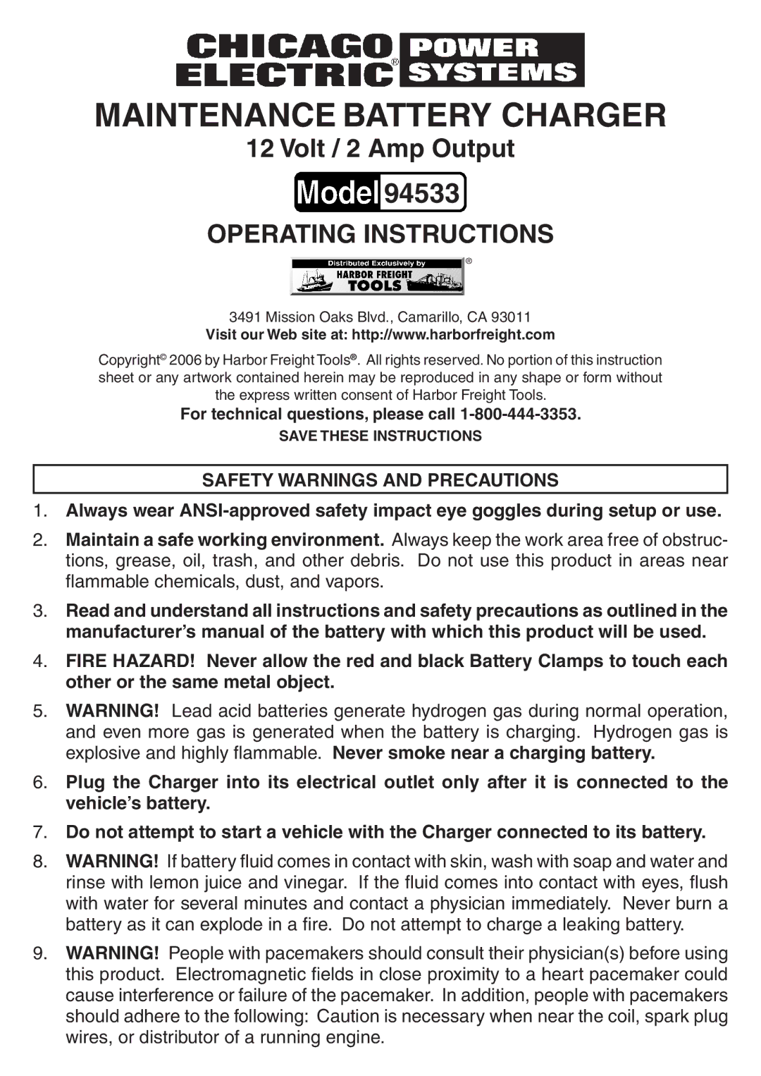 Chicago Electric 94533 operating instructions Maintenance Battery Charger, Safety Warnings and Precautions 