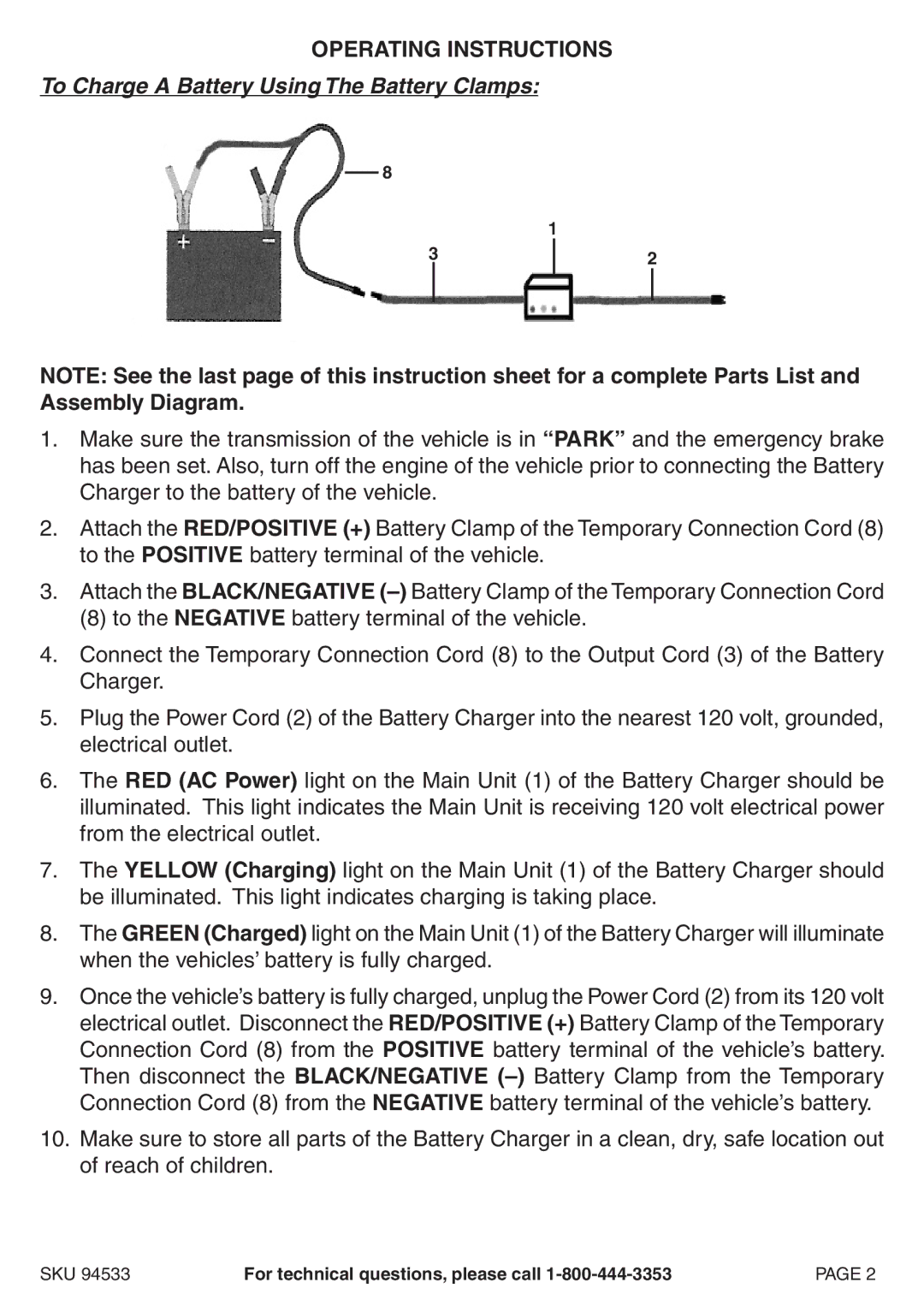 Chicago Electric 94533 operating instructions Operating Instructions, To Charge a Battery Using The Battery Clamps 