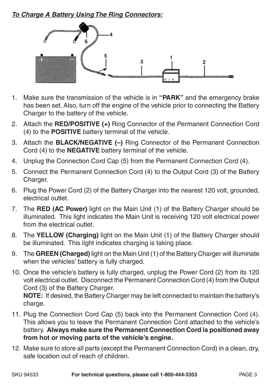 Chicago Electric 94533 operating instructions To Charge a Battery Using The Ring Connectors 