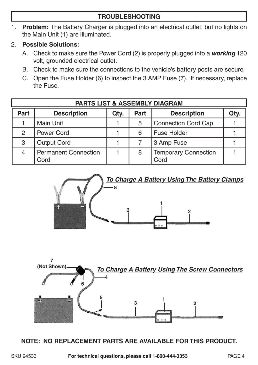 Chicago Electric 94533 Troubleshooting, Parts List & Assembly Diagram, To Charge a Battery Using The Screw Connectors 