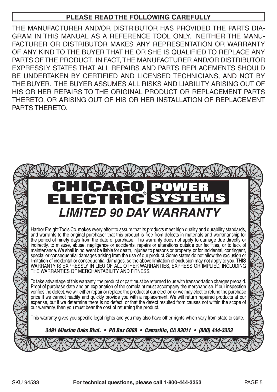 Chicago Electric 94533 operating instructions Limited 90 day warranty, Please Read the Following Carefully 