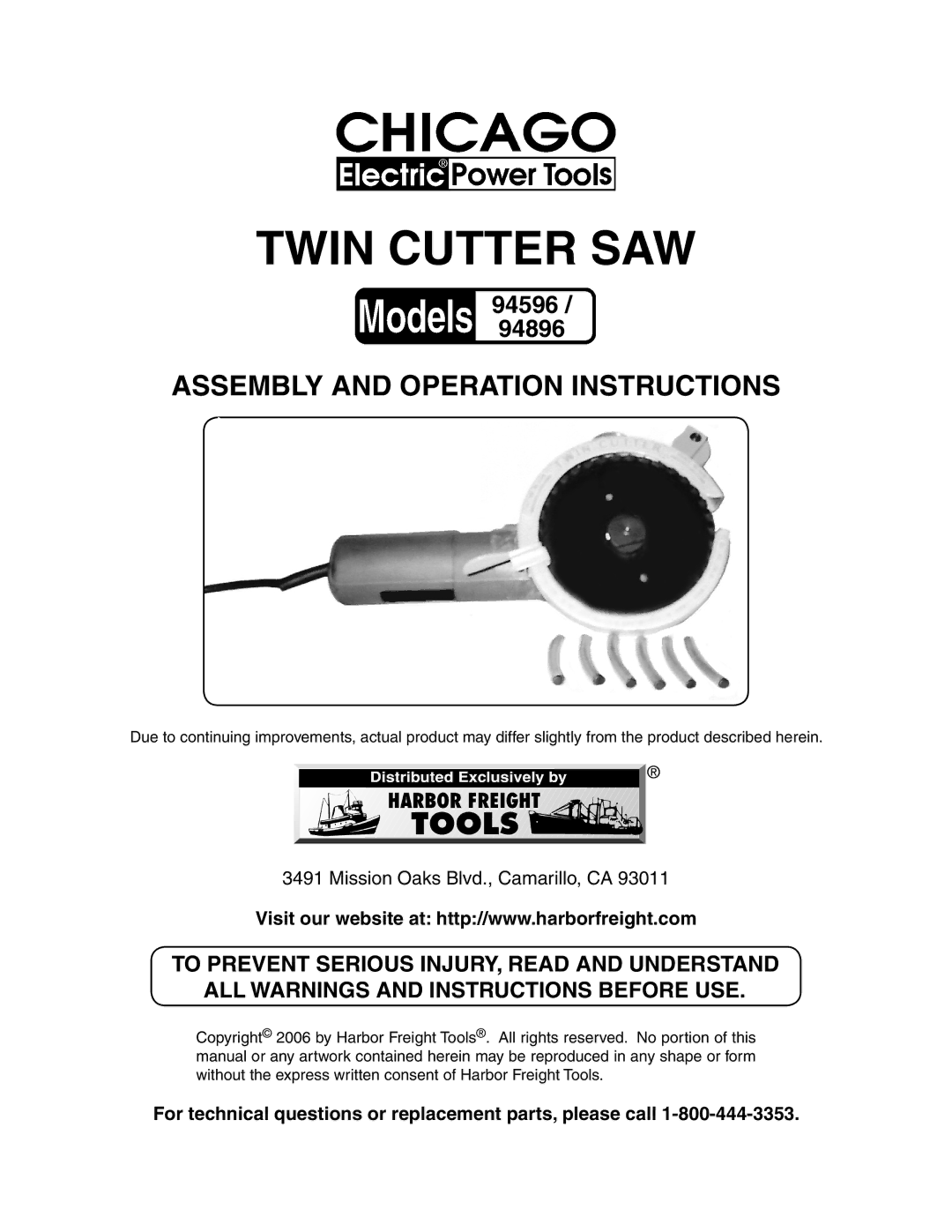 Chicago Electric 94596 manual Twin Cutter SAW, For technical questions or replacement parts, please call 