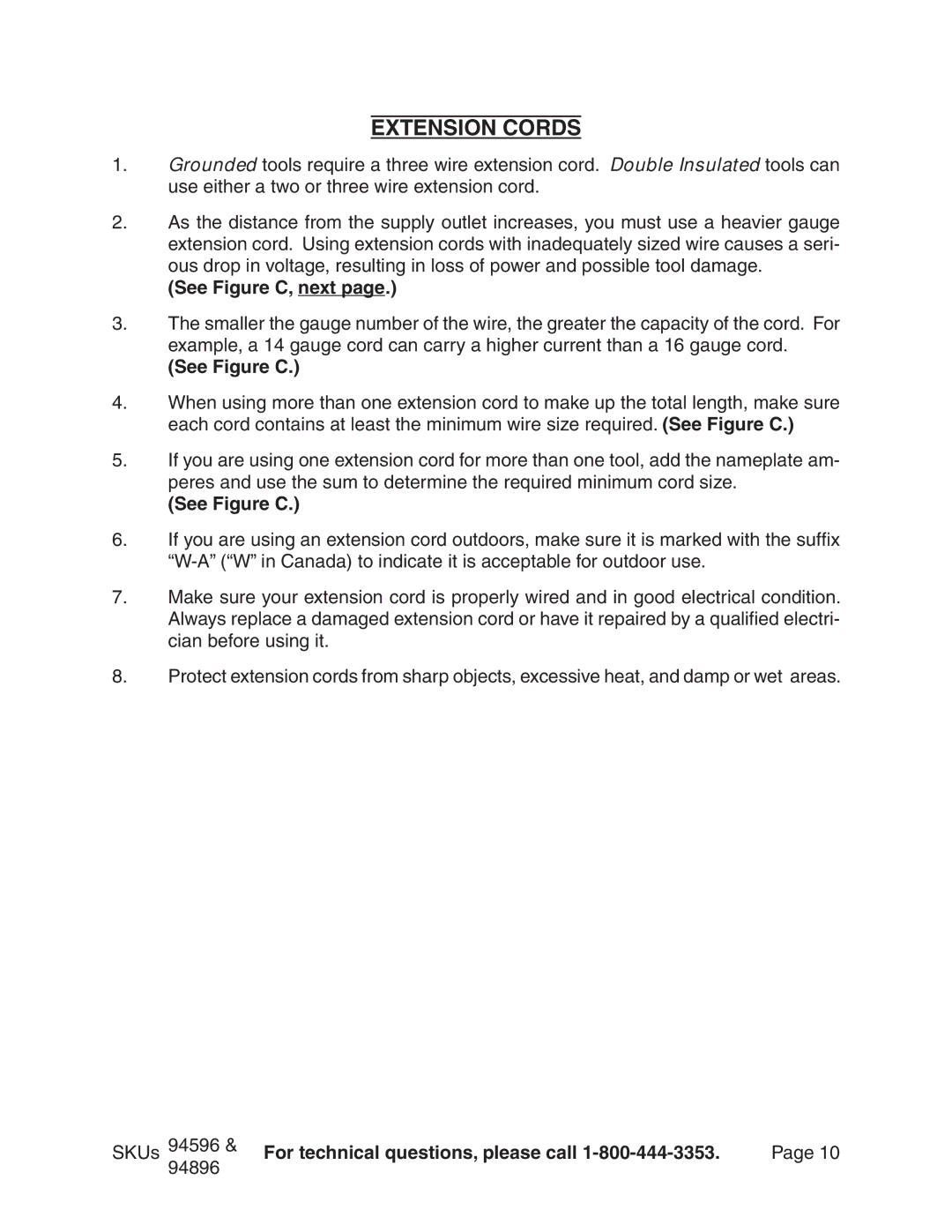 Chicago Electric 94596 manual Extension Cords, See Figure C, next 