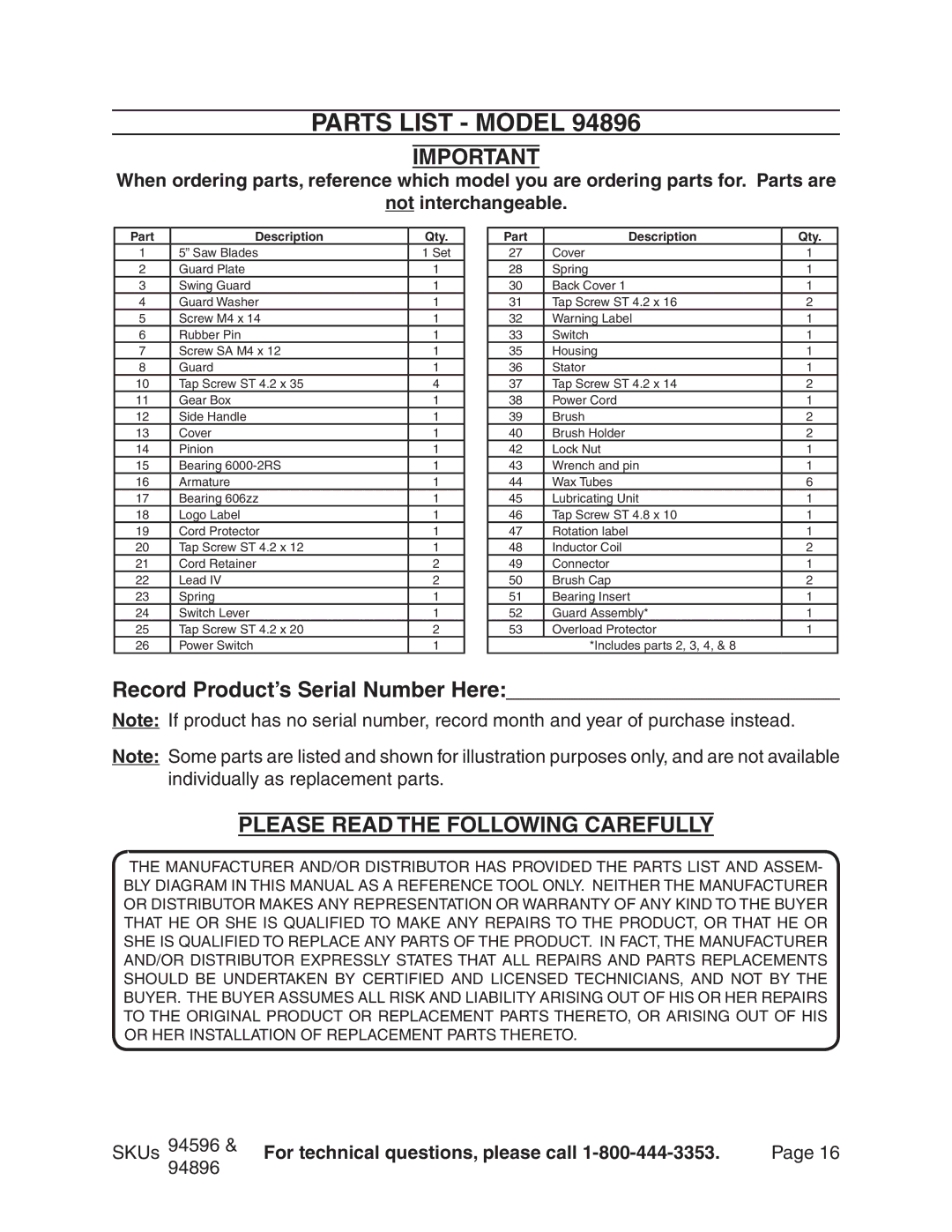 Chicago Electric 94596 manual Record Product’s Serial Number Here, Please Read the Following Carefully 