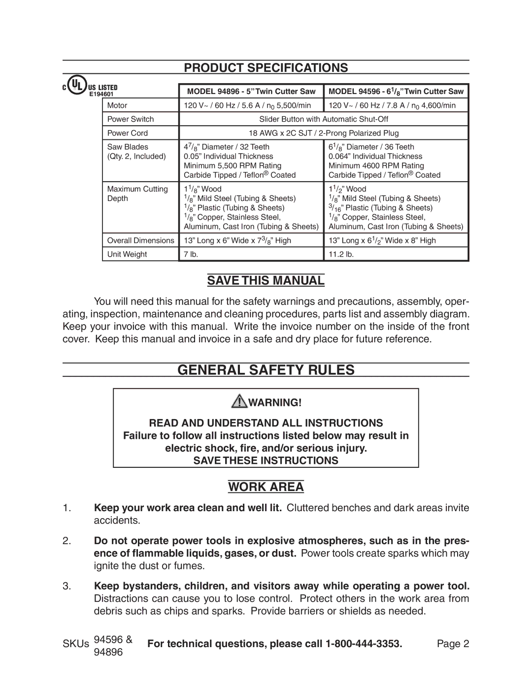 Chicago Electric 94596 manual General Safety Rules, Product Specifications, Save this Manual, Work Area 