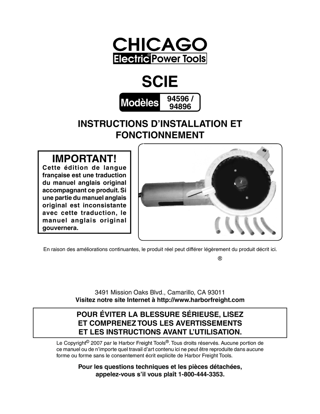 Chicago Electric 94596 manual Scie 