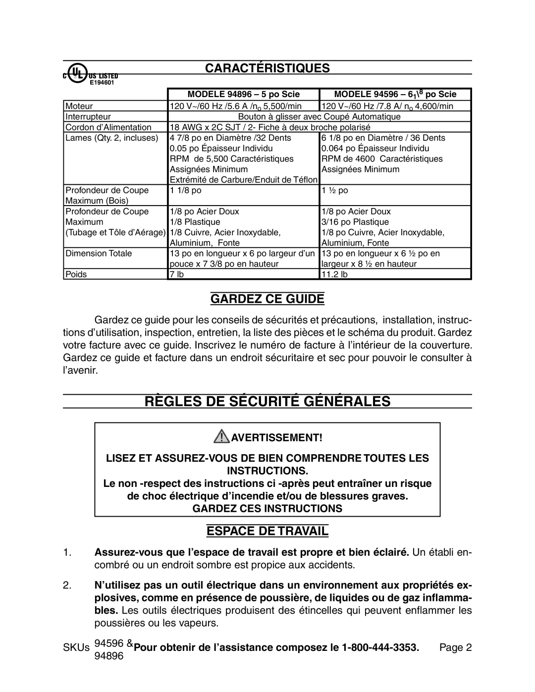 Chicago Electric 94596 manual Règles DE Sécurité Générales, Caractéristiques, Gardez CE Guide, Espace DE Travail 