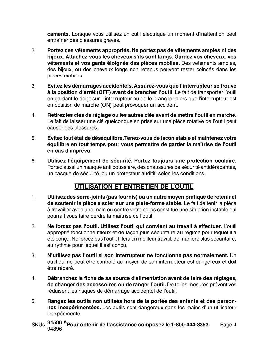 Chicago Electric manual Utilisation ET Entretien DE L’OUTIL, 94596 &Pour obtenir de l’assistance composez le 