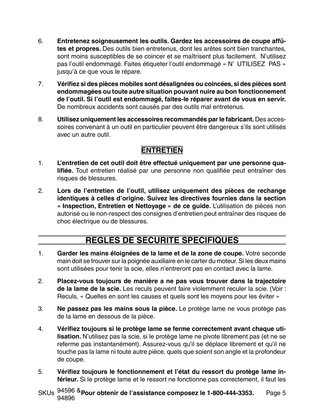 Chicago Electric 94596 manual Regles DE Securite Specifiques, Entretien 