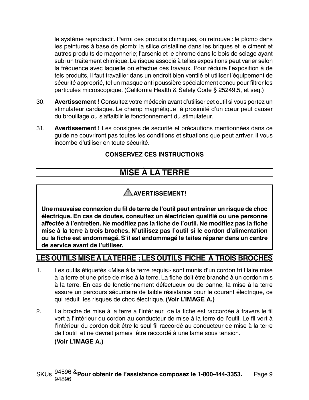 Chicago Electric 94596 manual Mise À LA Terre, LES Outils Mise À Laterre LES Outils Fiche À Trois Broches, Voir L’IMAGE a 