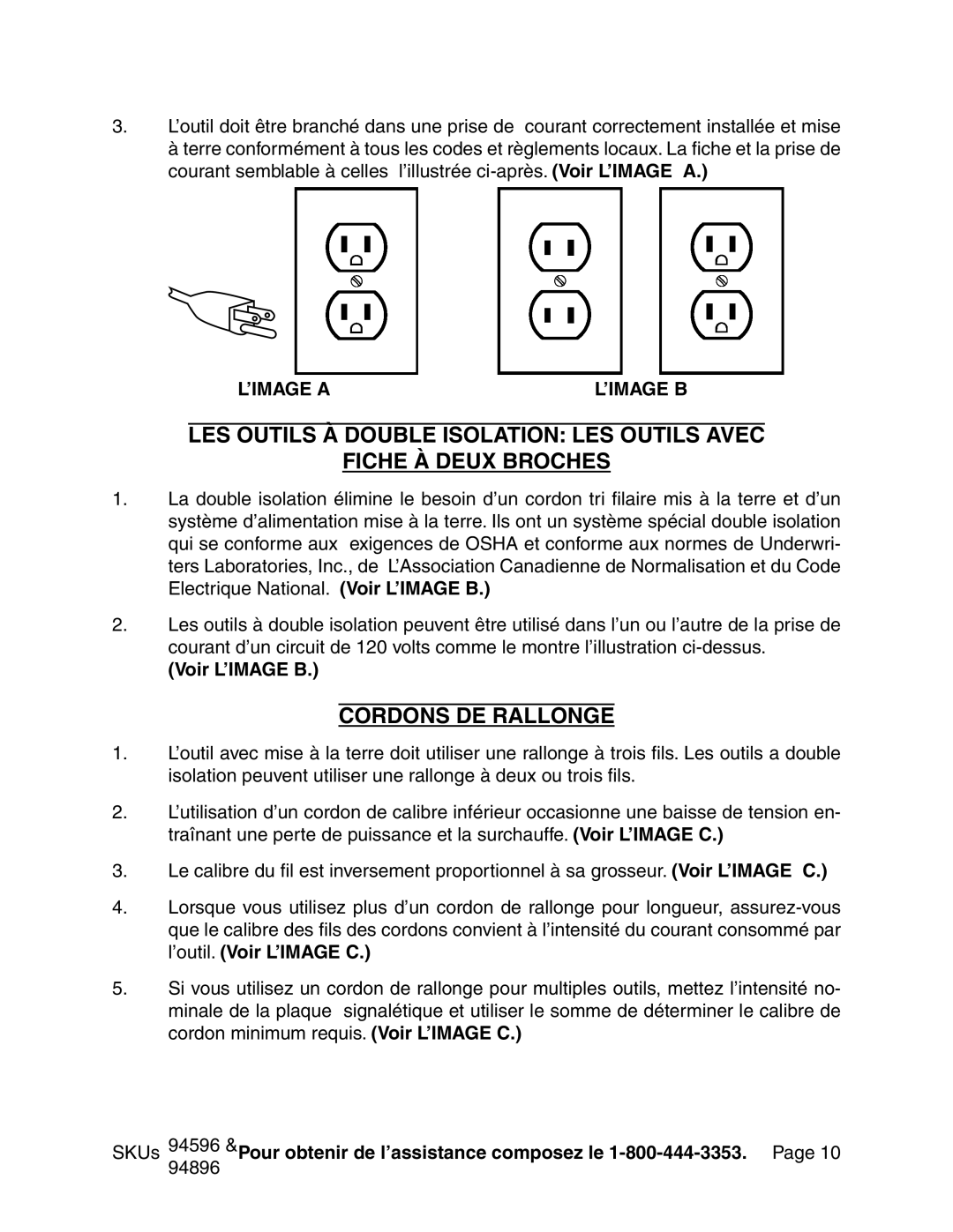 Chicago Electric 94596 manual LES Outils À Double Isolation LES Outils Avec, Fiche à Deux broches, Cordons DE Rallonge 