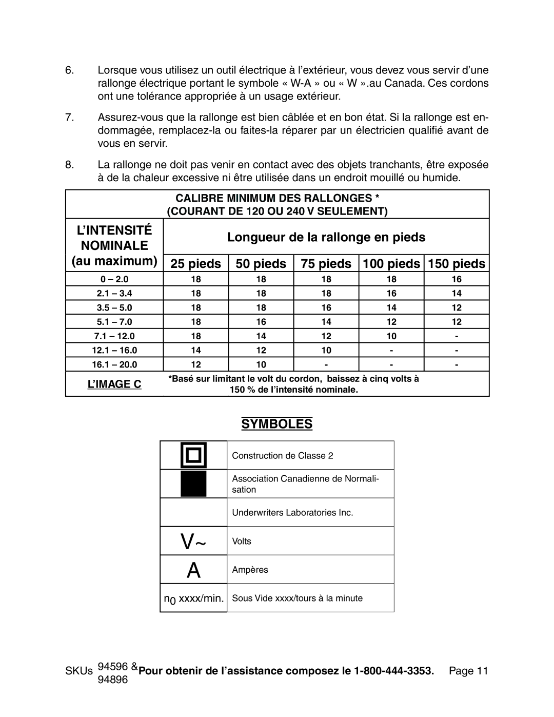 Chicago Electric 94596 manual ’Intensité, Longueur de la rallonge en pieds, Pieds, Symboles 