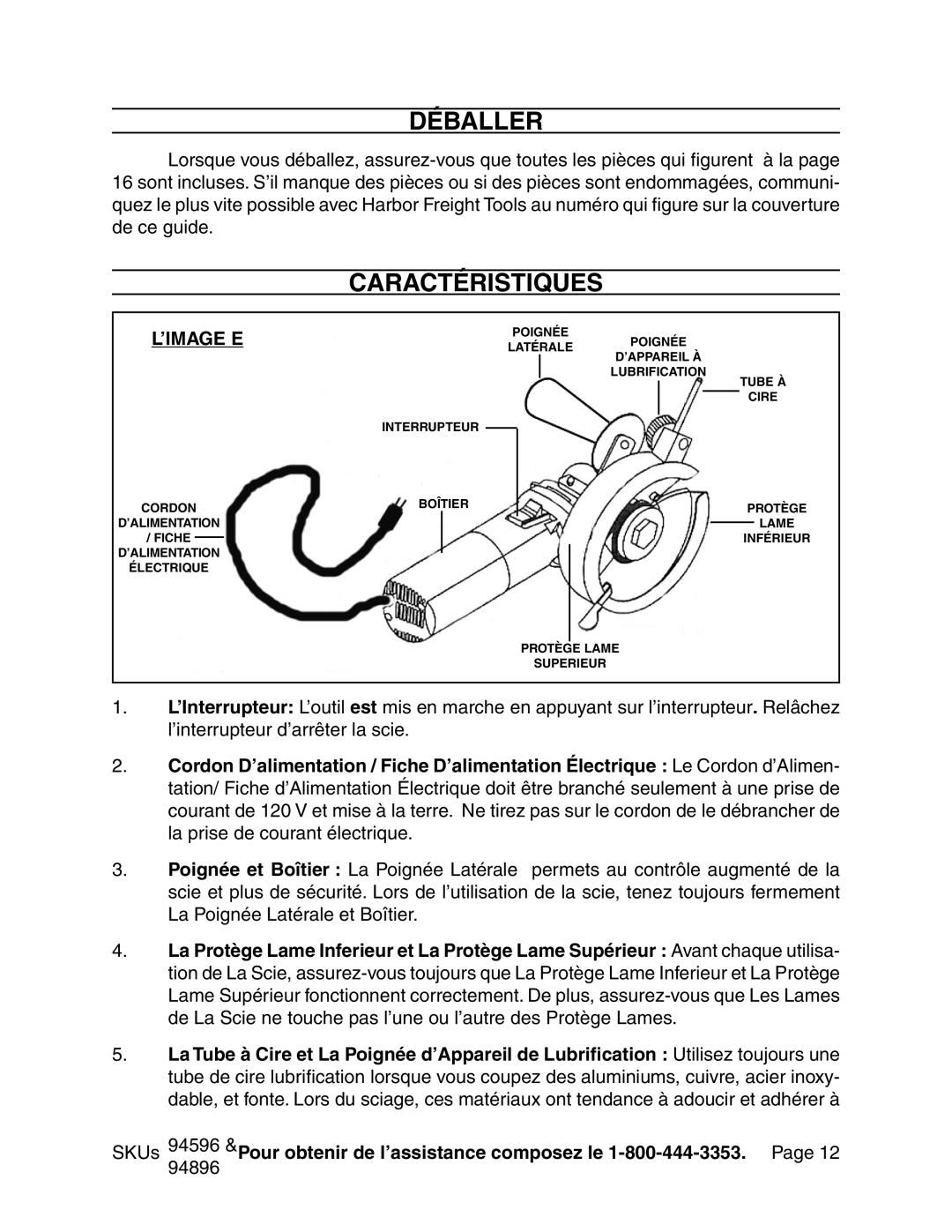 Chicago Electric 94596 manual Déballer, Caractéristiques 