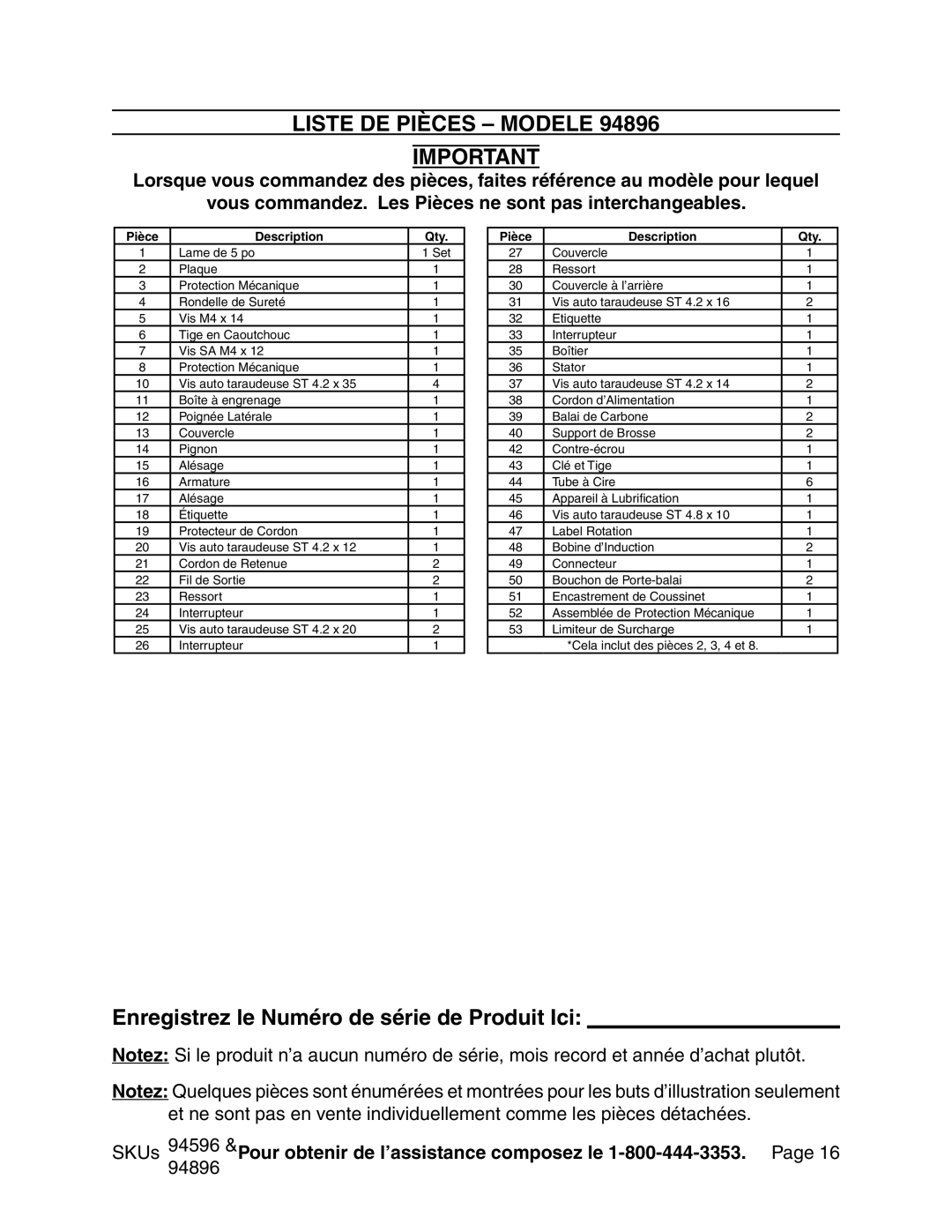 Chicago Electric 94596 manual Liste DE Pièces Modele, Enregistrez le Numéro de série de Produit Ici 