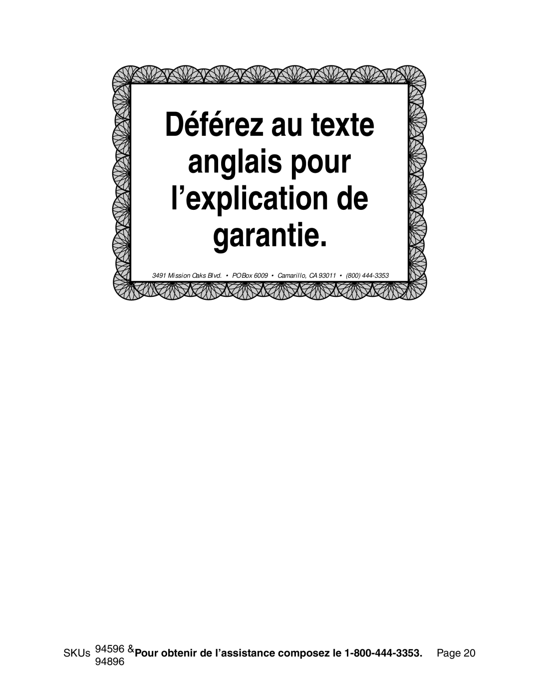 Chicago Electric 94596 manual Déférez au texte Anglais pour ’explication de Garantie 