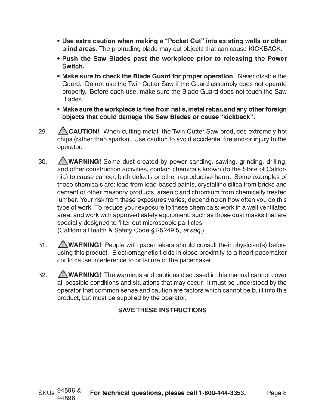 Chicago Electric manual California Health & Safety Code § 25249.5, et seq SKUs 94596 