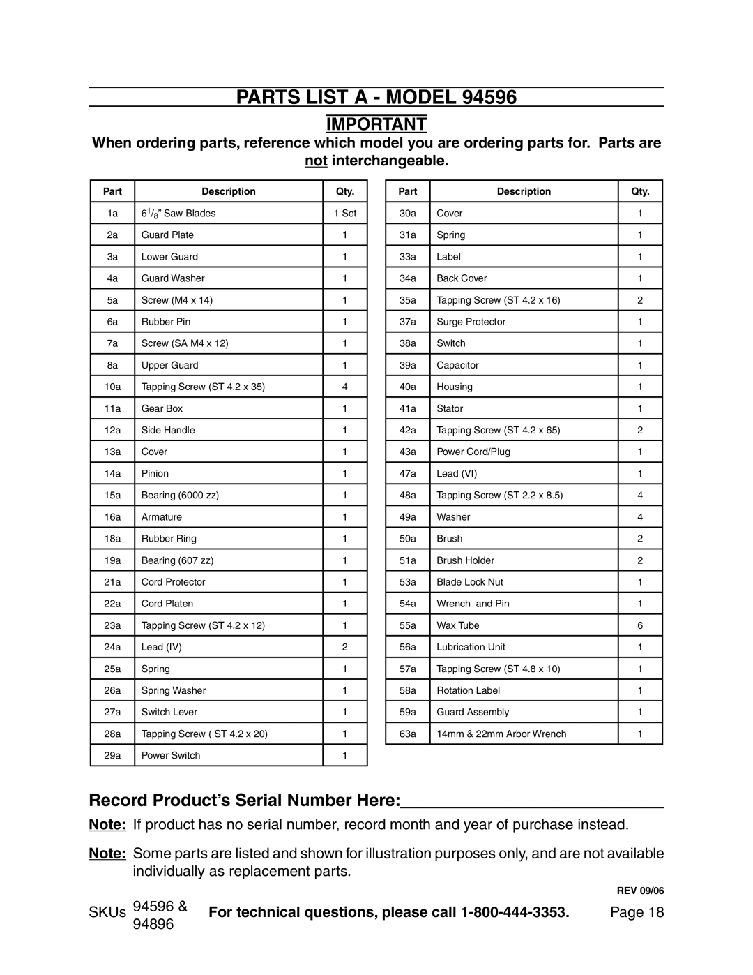 Chicago Electric 94596 manual PARTS LIST A - Model, Record Product’s Serial Number Here, not interchangeable, Page 
