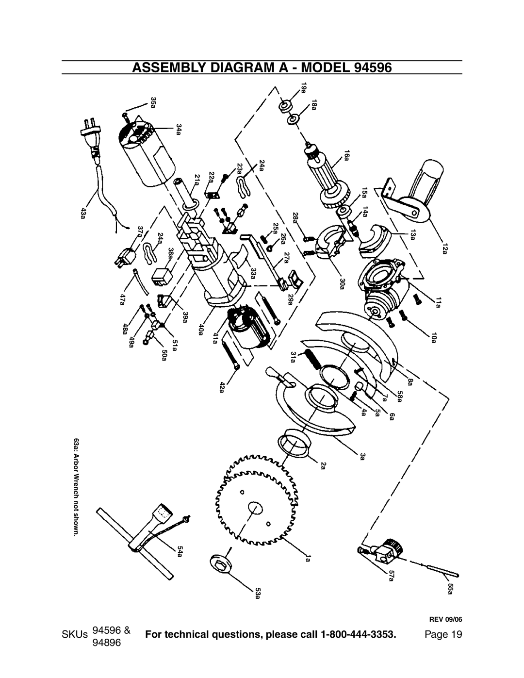 Chicago Electric 94596 ASSEMBLY DIAGRAM A - Model, For technical questions, please call, Page, 63a Arbor, Wrench not shown 