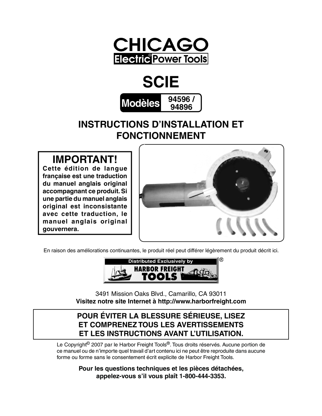 Chicago Electric 94596 manual Scie, Instructions D’Installation Et Fonctionnement, appelez-vous s’il vous plaît, Modèles 