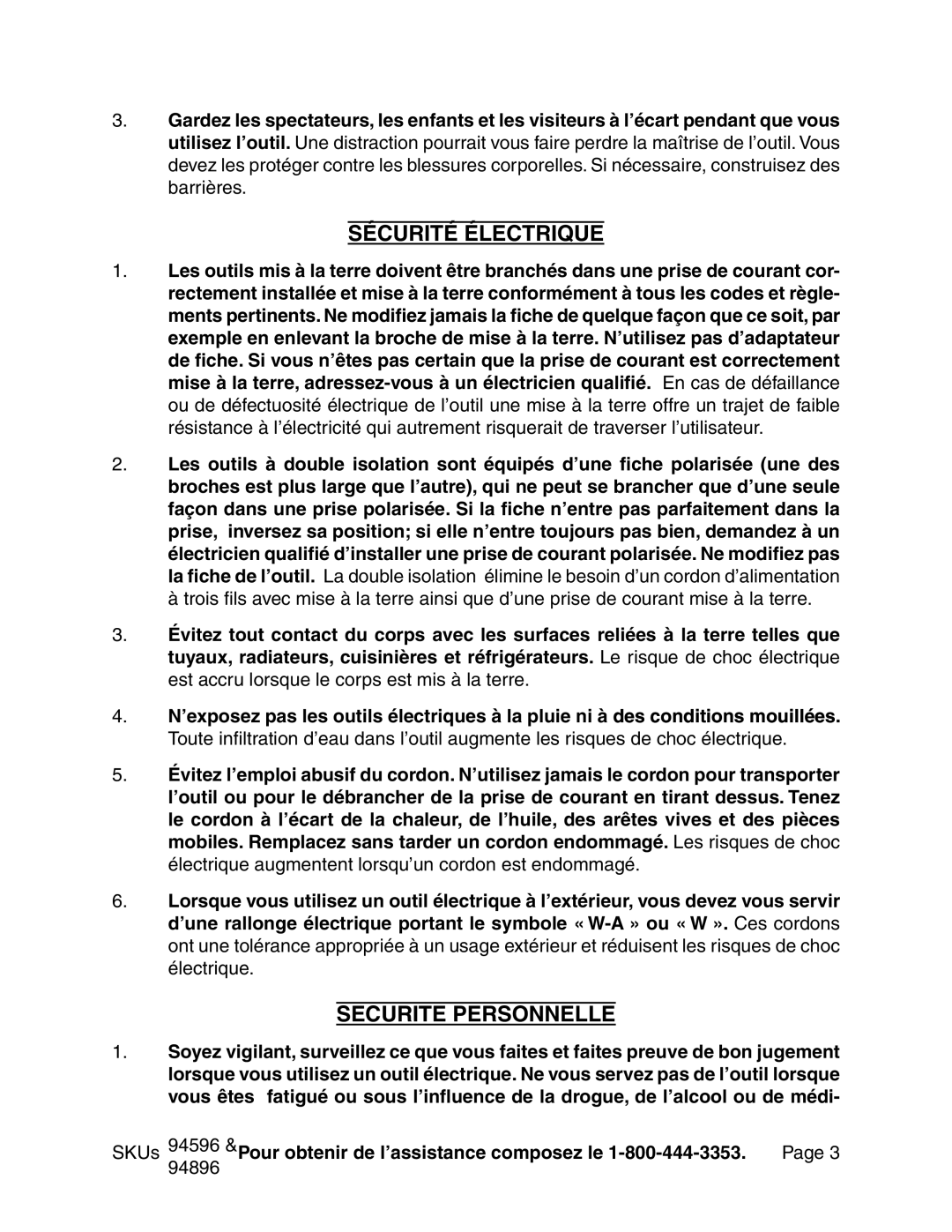 Chicago Electric 94596 manual Sécurité Électrique, Securite Personnelle, Pour obtenir de l’assistance composez le 