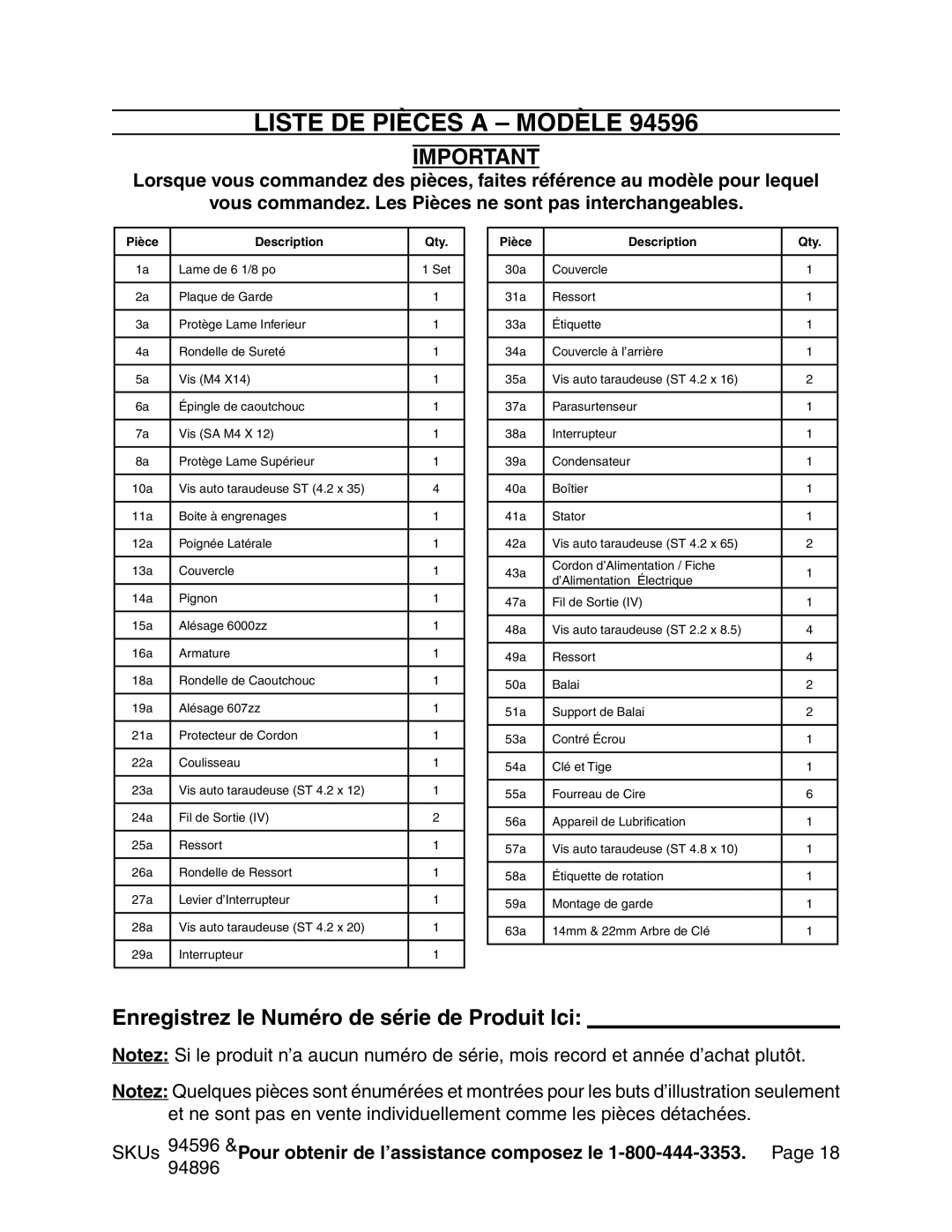 Chicago Electric 94596 manual Liste De Pièces A - Modèle, Enregistrez le Numéro de série de Produit Ici 