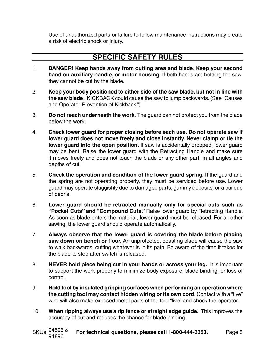 Chicago Electric 94596 manual Specific Safety Rules 