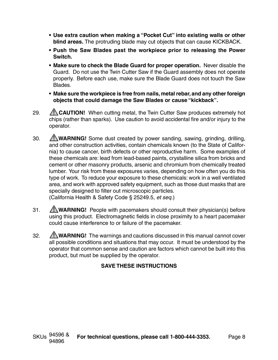 Chicago Electric 94596 manual Save These Instructions, For technical questions, please call 