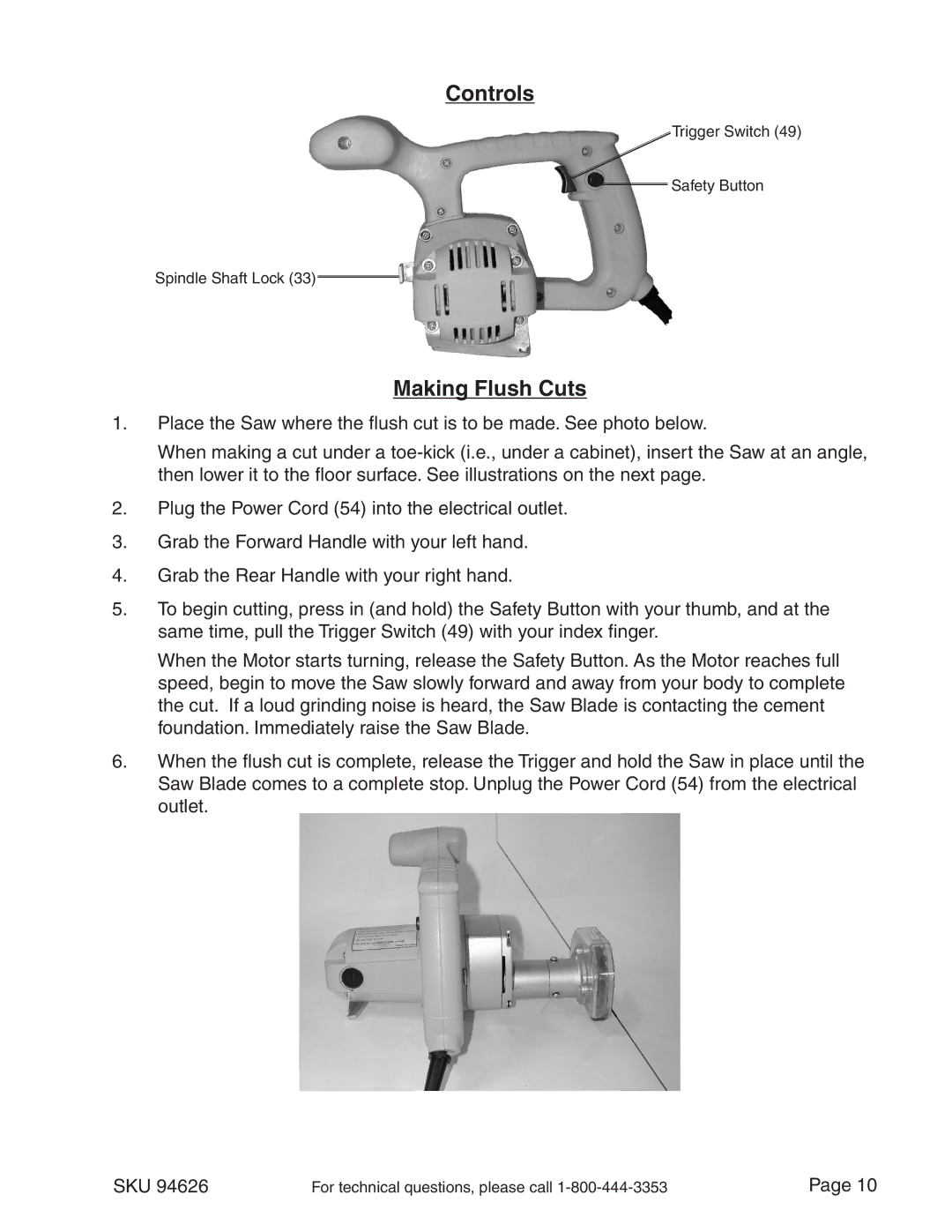 Chicago Electric 94626 operating instructions Controls, Making Flush Cuts 