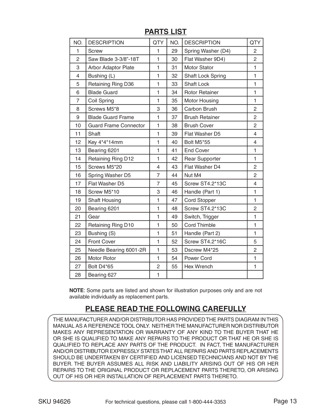 Chicago Electric 94626 operating instructions Parts List, Please Read the Following Carefully 