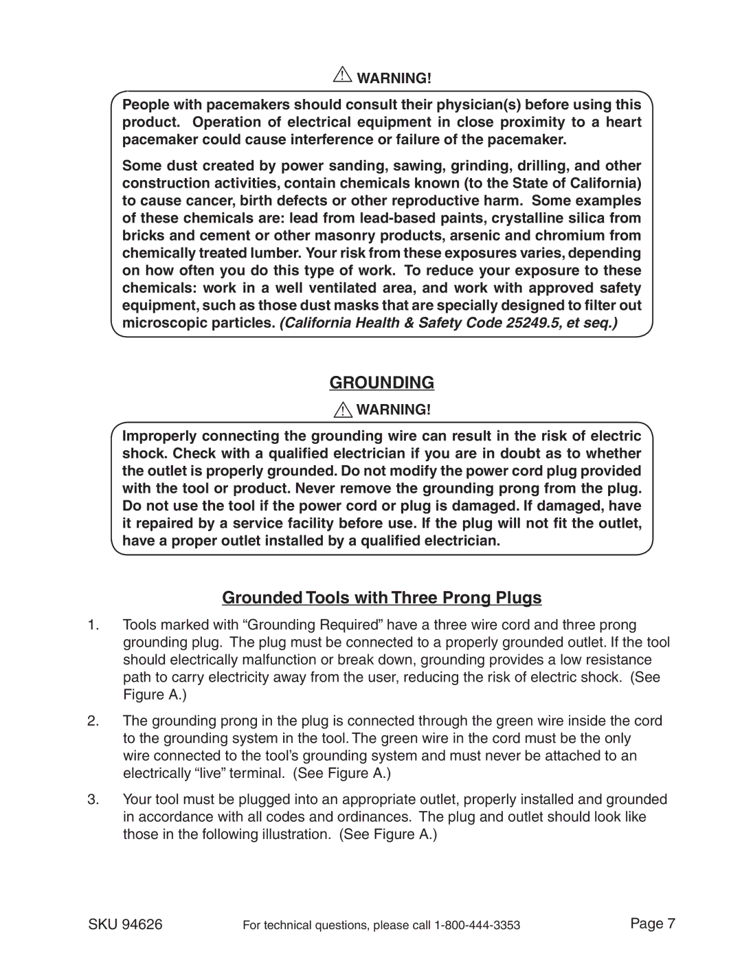 Chicago Electric 94626 operating instructions Grounding, Grounded Tools with Three Prong Plugs 