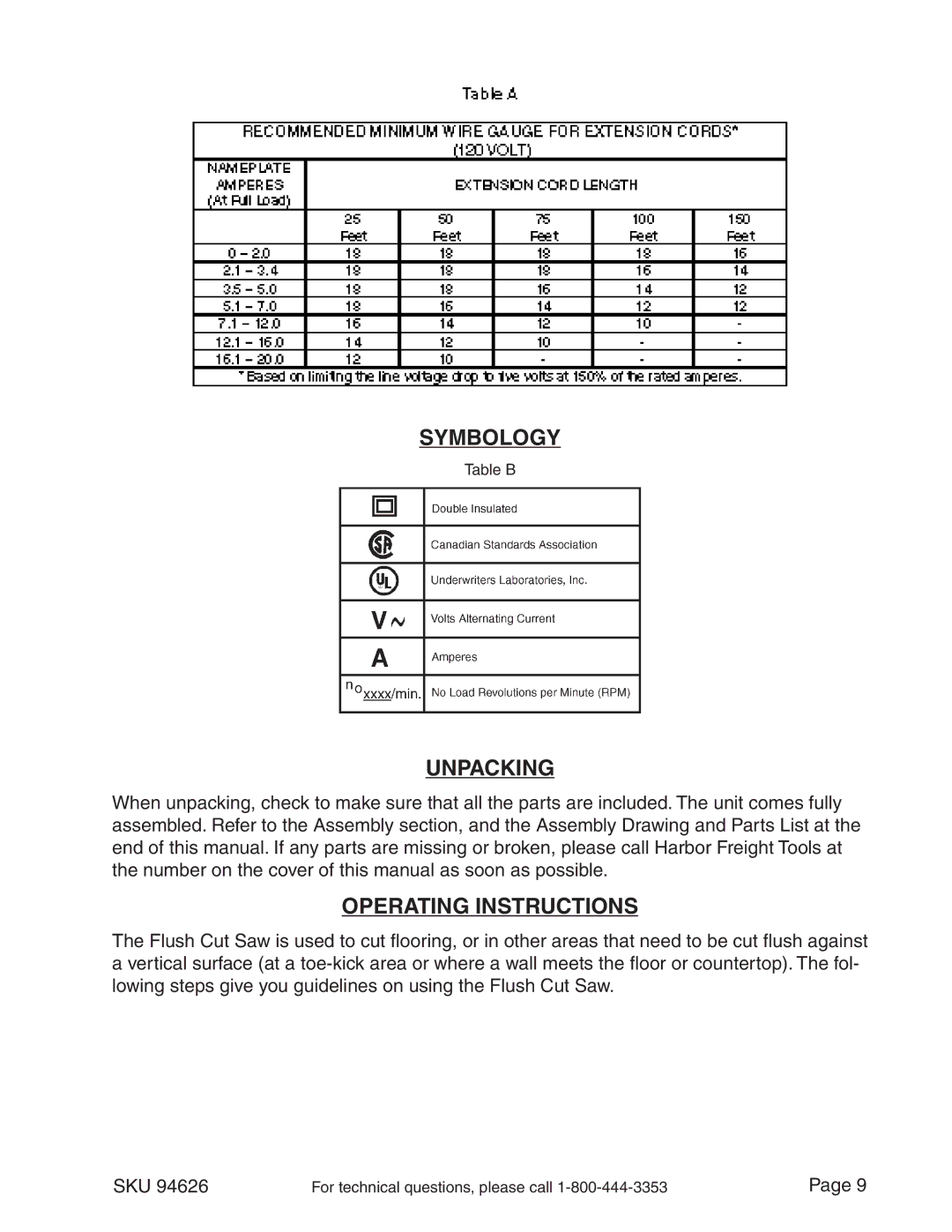 Chicago Electric 94626 operating instructions Symbology, Unpacking, Operating Instructions 