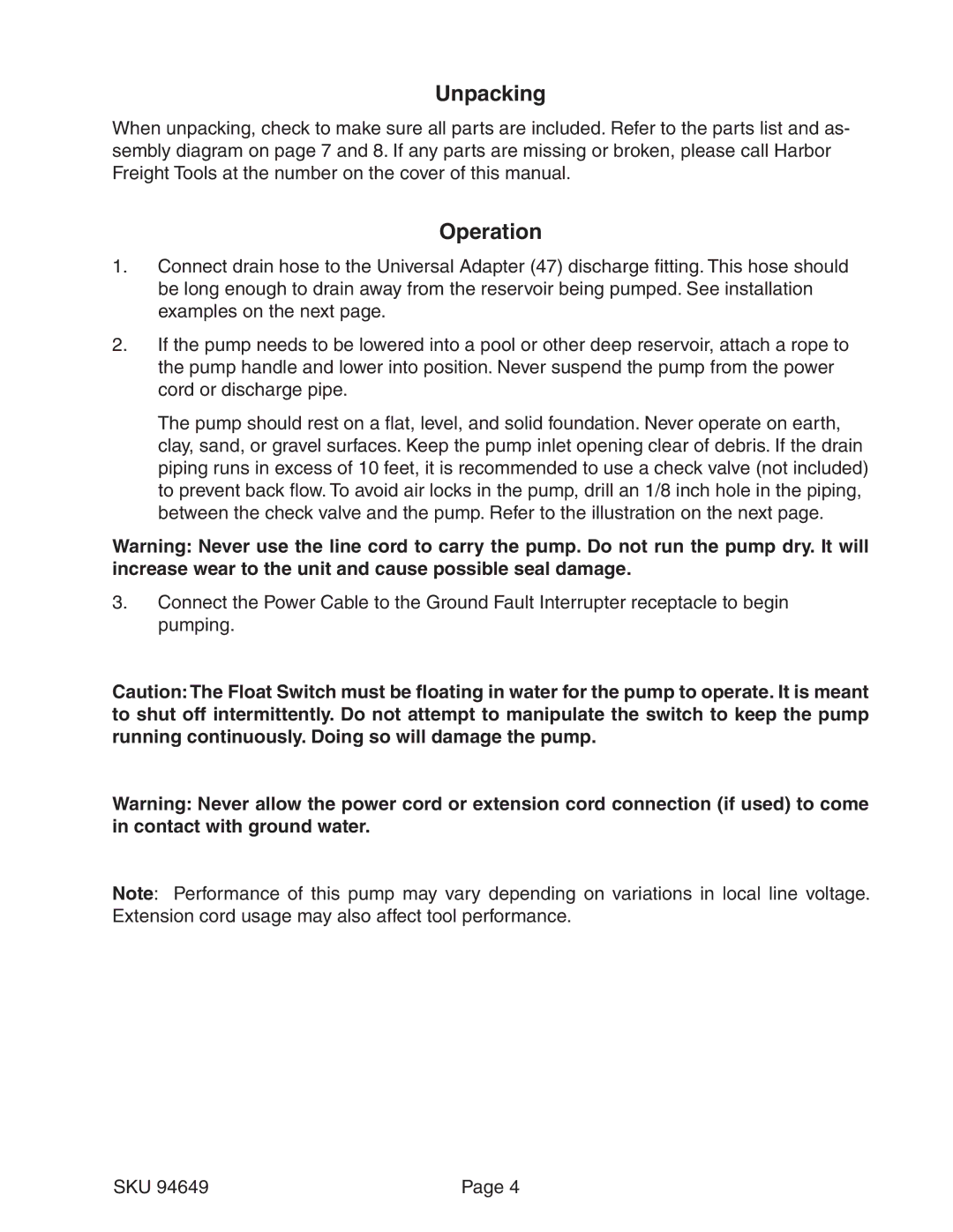 Chicago Electric 94649 operating instructions Unpacking, Operation 