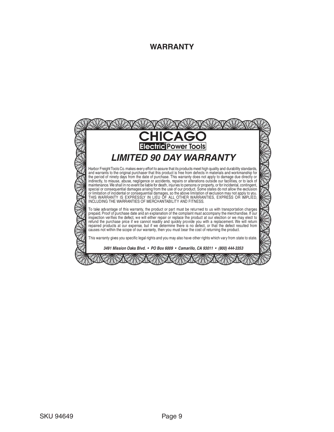 Chicago Electric 94649 operating instructions Limited 90 DAY Warranty 