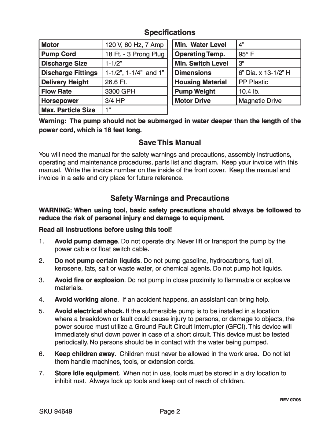 Chicago Electric 94649 operating instructions Specifications, Save This Manual, Safety Warnings and Precautions 